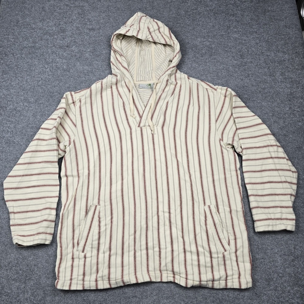 Sahalie Hoodie‎ Mens XL White Striped Knit Cotton Baja Pullover Pockets Casual
